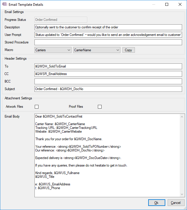 QuoteWerks Supplier Order Tracking utility email